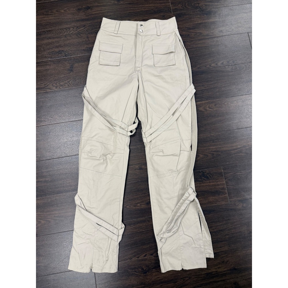 Manière De Voir High-Waisted Strap Detail Cargo Pants in Beige/Cream US 6 UK 10